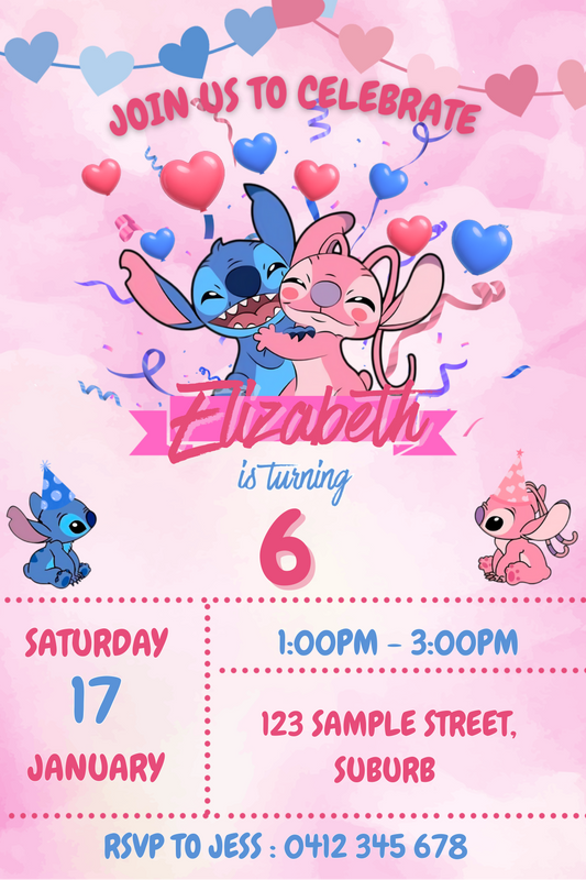 Stitch & Angel Birthday Invitation – Editable Canva Template